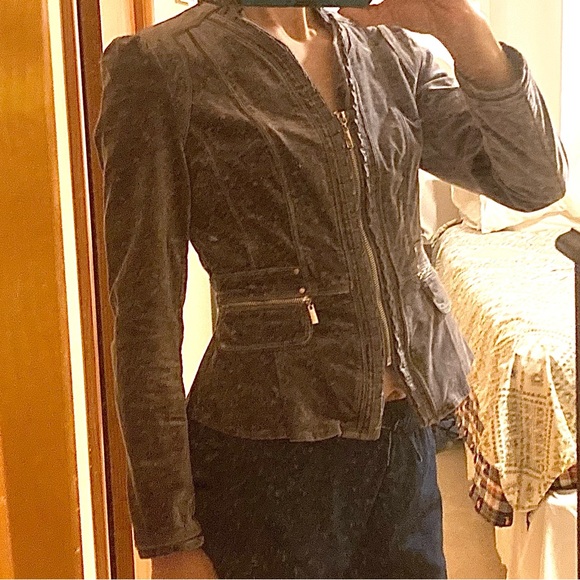 White House Black Market Grey Velvet Blazer / Moto- Jacket | Ruffle Detailing - Picture 11 of 12